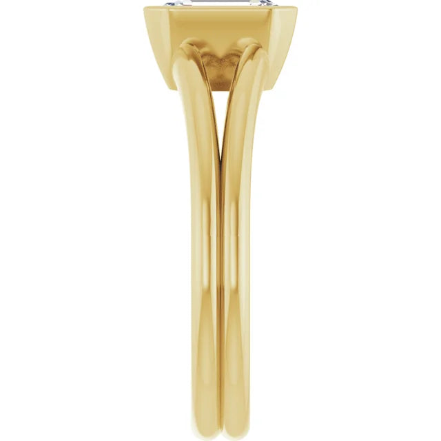 1 CT Bezel Set Split Shank Emerald Cut Diamond Engagement Ring Set in Yellow Gold showing Shank from the side 