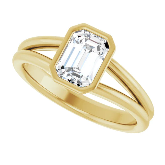 Sideway Picture for 1 CT Bezel Set Split Shank Emerald Cut Diamond Engagement Ring Set in Yellow Gold
