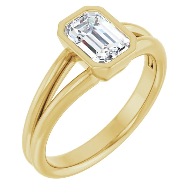 Side Pic for 1 CT Bezel Set Split Shank Emerald Cut Diamond Engagement Ring Set in Yellow Gold