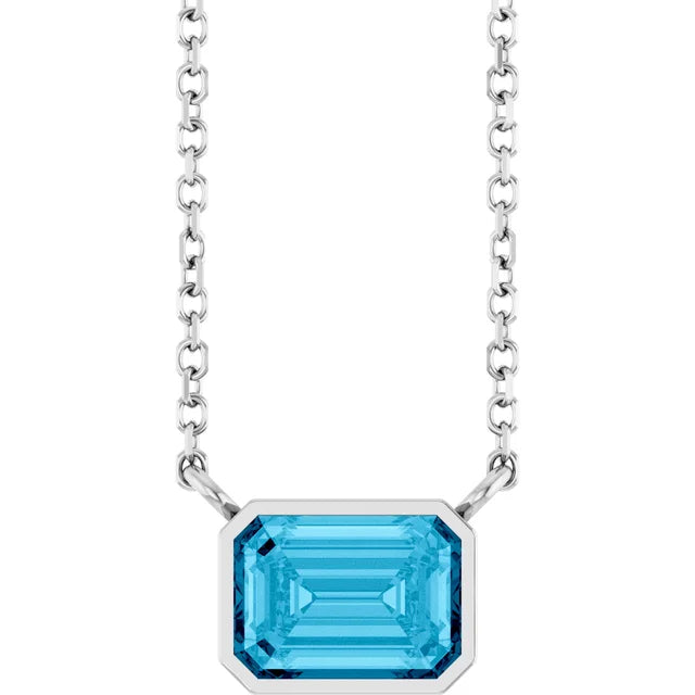 White Gold Aquamarine Bezel Set Emerald Cut Birthstone Necklace