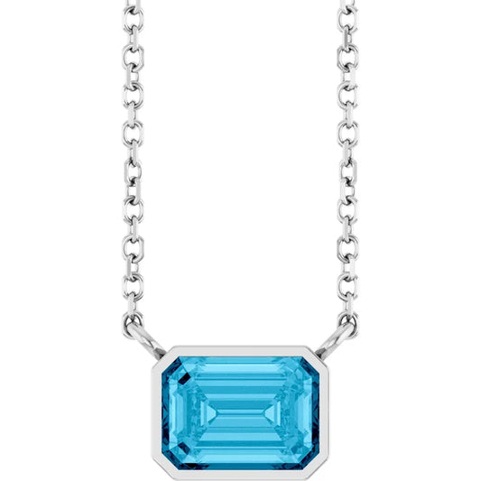 White Gold Aquamarine Bezel Set Emerald Cut Birthstone Necklace