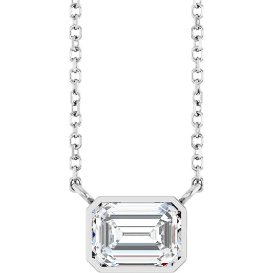 White Gold Bezel Set Emerald Cut Diamond Birthstone Necklace 
