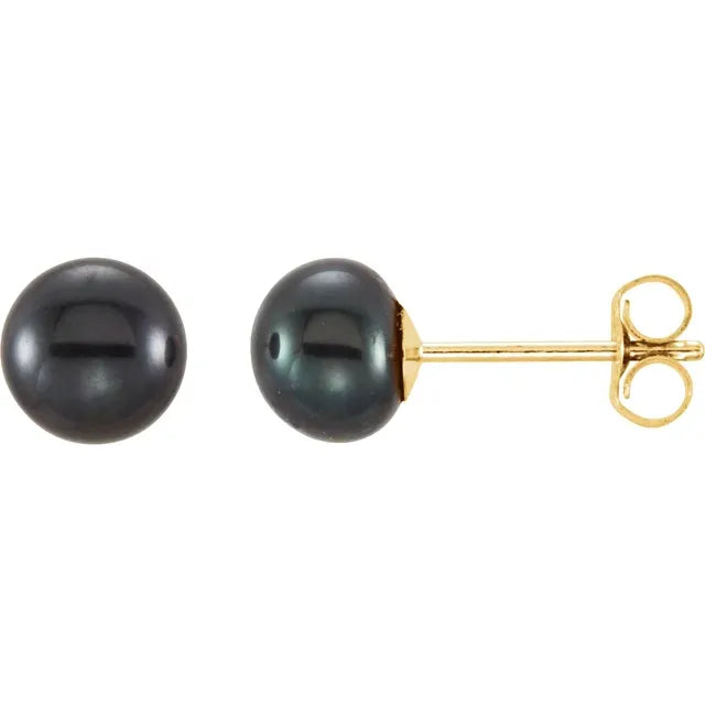 14K Yellow Gold Black Freshwater Button Pearl Earrings