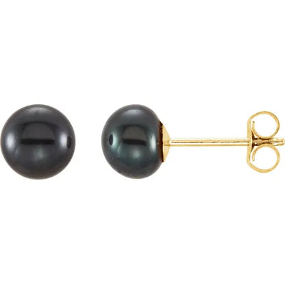 14K Yellow Gold Black Freshwater Button Pearl Earrings