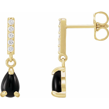 Natural Black Onyx and Natural Diamond Earrings Yellow gold showing post