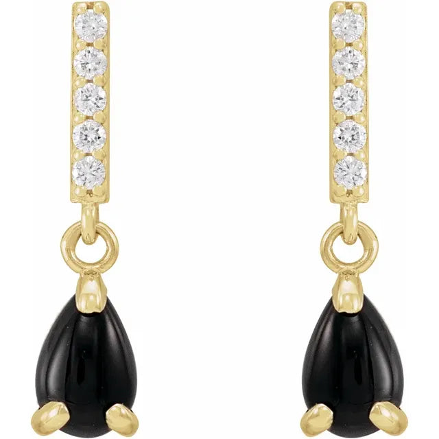 Natural Black Onyx and Natural Diamond Earrings yellow gold