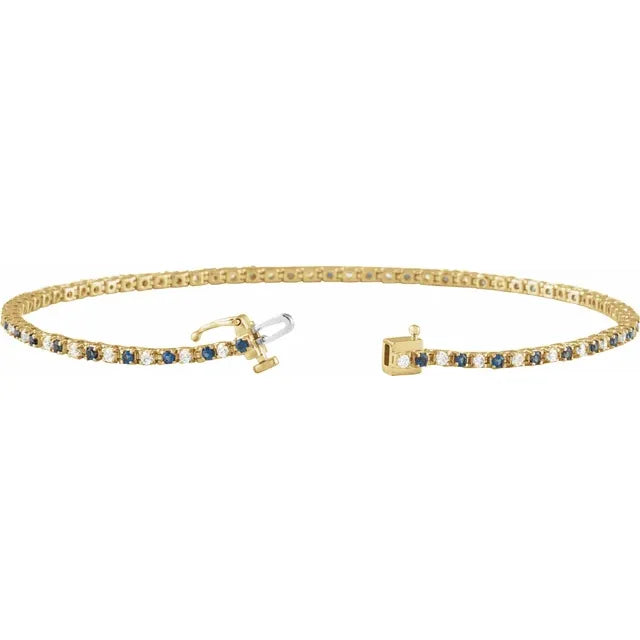Open Clasp Blue Sapphire & Natural Diamond Tennis Bracelet set in Yellow gold