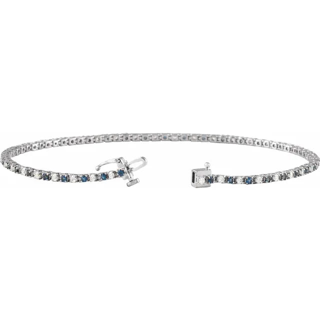 open clasp Blue Sapphire & Natural Diamond Tennis Bracelet made in white gold 