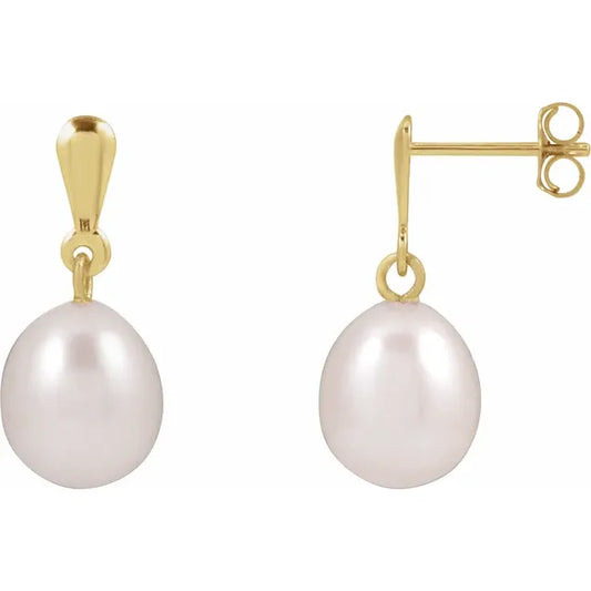 8–8.5 mm freshwater pearl drop earrings in 14K yellow gold with friction back posts