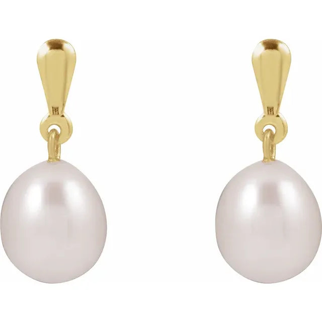 pair of cultured white freshwater pearl drop earrings 8–8.5 mm in 14K yellow gold