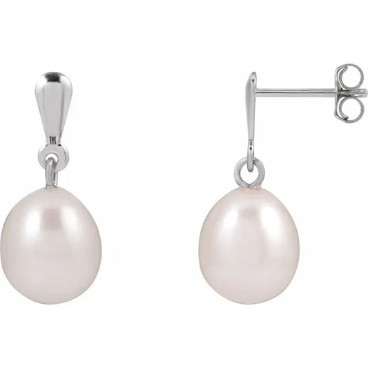 8–8.5 mm freshwater pearl drop earrings in 14K white gold with friction back posts