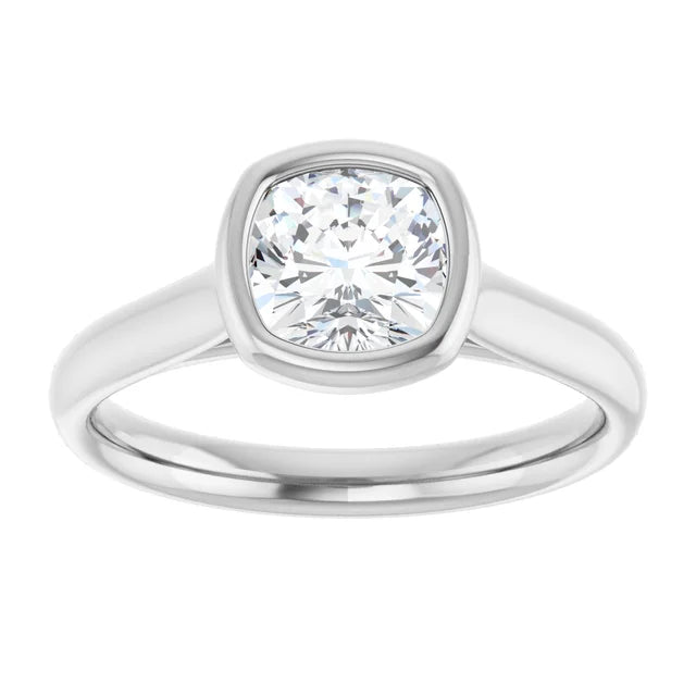 1 CT Bezel Set Cushion Cut Diamond Engagement Ring Set in white gold or platinum 