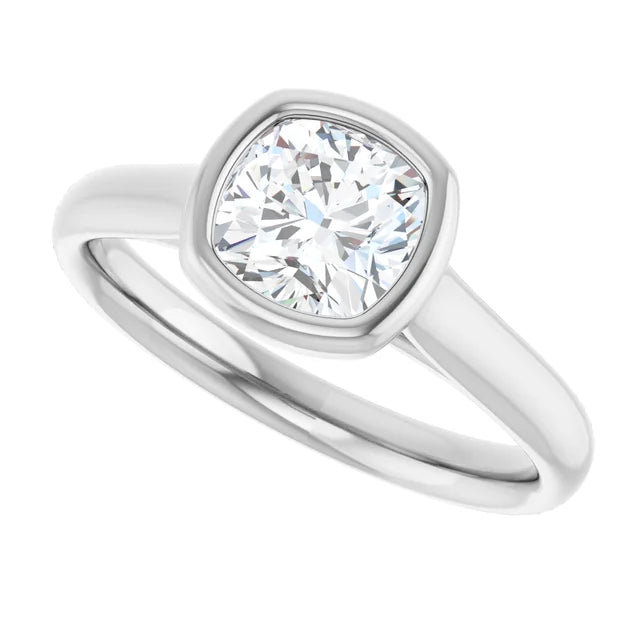Sideway Picture for 1 CT Bezel Set Cushion Cut Diamond Engagement Ring Set in white gold or platinum 