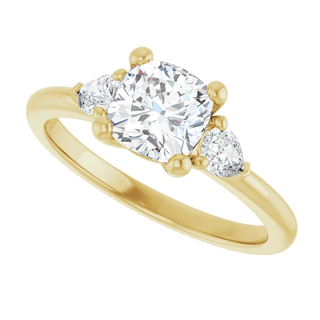 Sideway Picture for 1 CT Cushion & Pear three Stone Diamond Engagement Ring Set in Yellow Gold
