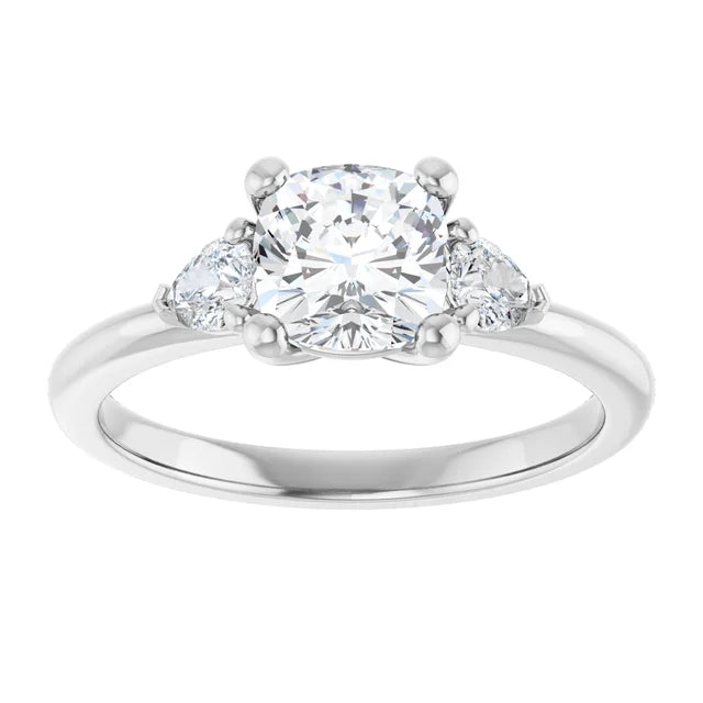 1 CT Cushion & Pear three Stone Diamond Engagement Ring Set in white gold or platinum 