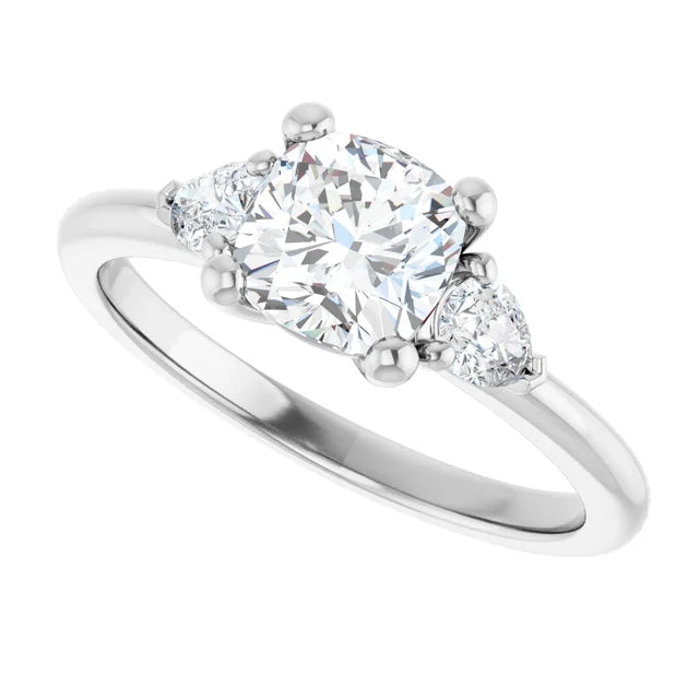Sideway Picture for 1 CT Cushion & Pear three Stone Diamond Engagement Ring Set in white gold or platinum 