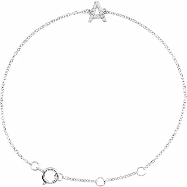 Delicate diamond initial letter A bracelet in solid 14K white gold chain