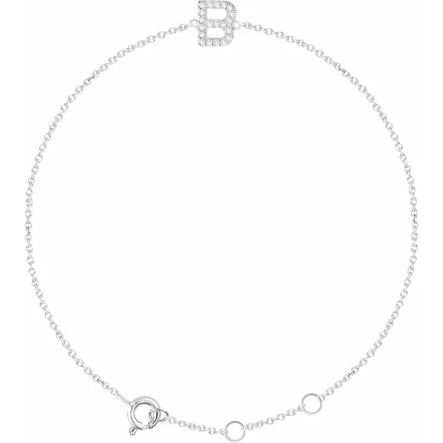 Delicate diamond initial letter B bracelet in solid 14K white gold chain