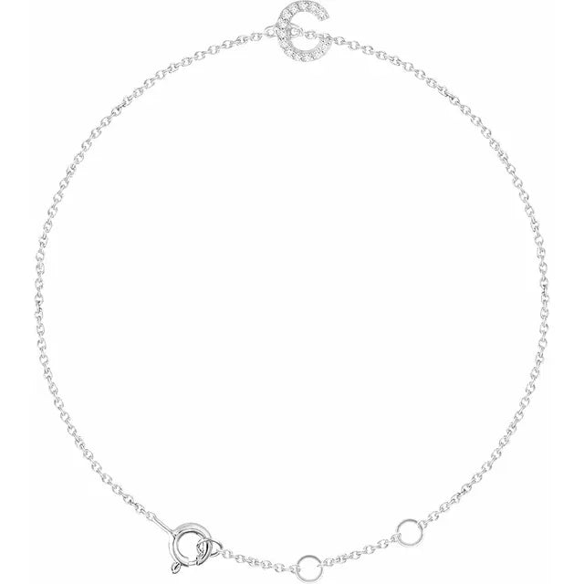 Delicate diamond initial letter C bracelet in solid 14K white gold chain