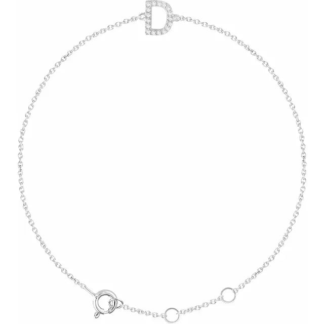 Delicate diamond initial letter D bracelet in solid 14K white gold chain