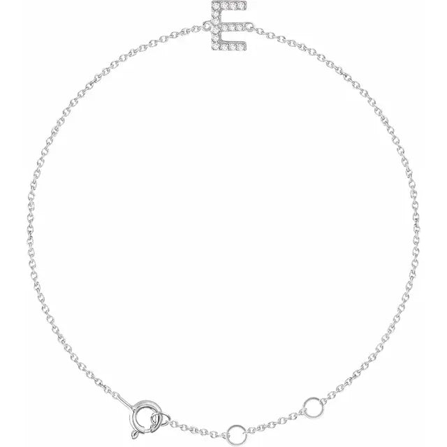Delicate diamond initial letter E bracelet in solid 14K white gold chain
