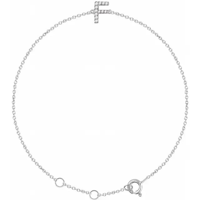 Delicate diamond initial letter F bracelet in solid 14K white gold chain