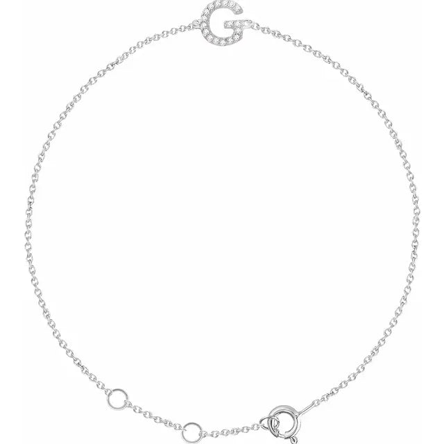 Delicate diamond initial letter G bracelet in solid 14K white gold chain