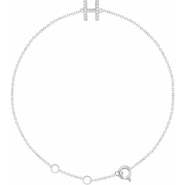 Delicate diamond initial letter H bracelet in solid 14K white gold chain