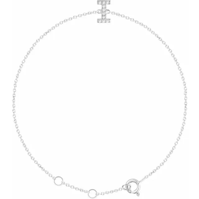 Delicate diamond initial letter I bracelet in solid 14K white gold chain