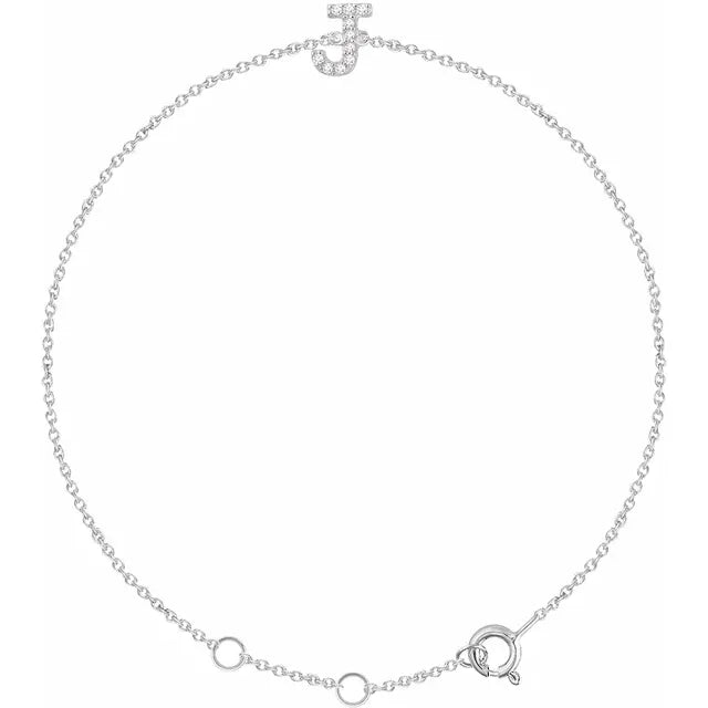 Delicate diamond initial letter J bracelet in solid 14K white gold chain