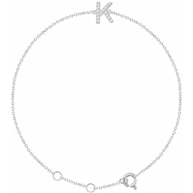 Delicate diamond initial letter K bracelet in solid 14K white gold chain