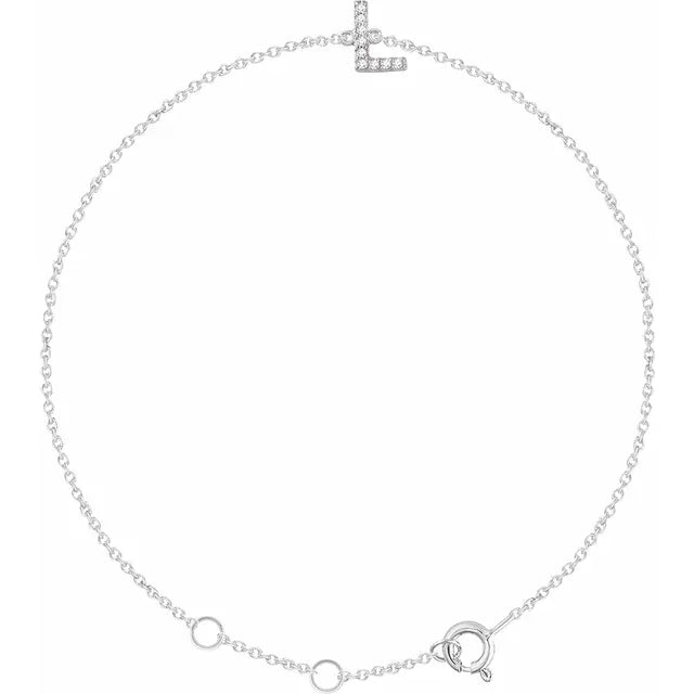 Delicate diamond initial letter L bracelet in solid 14K white gold chain