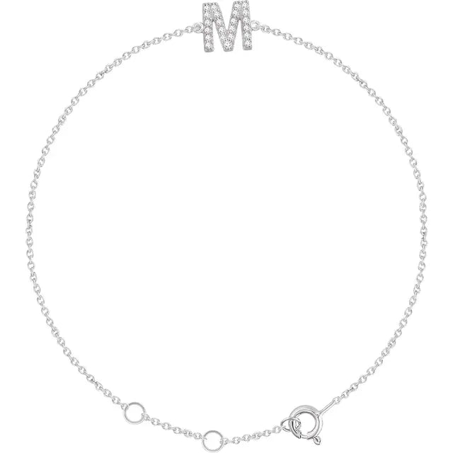 Delicate diamond initial letter M bracelet in solid 14K white gold chain