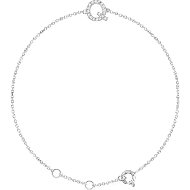 Delicate diamond initial letter Q bracelet in solid 14K white gold chain