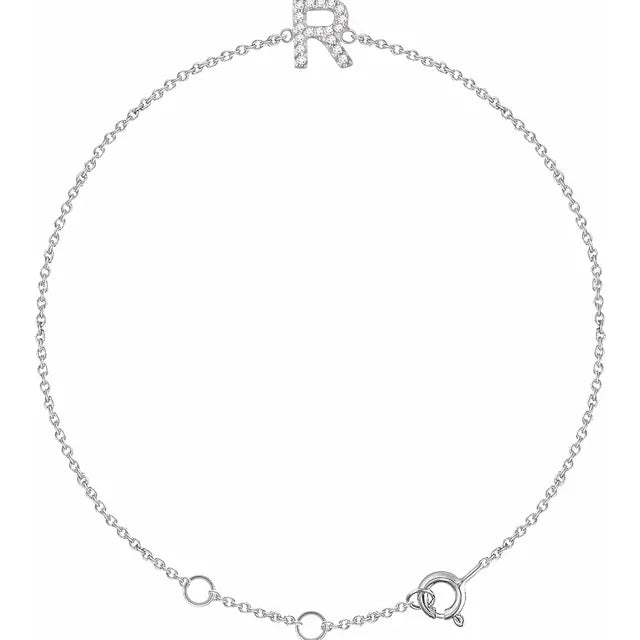 Delicate diamond initial letter R bracelet in solid 14K white gold chain