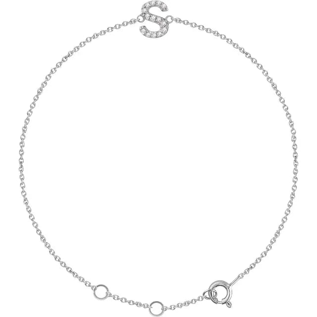 Delicate diamond initial letter S bracelet in solid 14K white gold chain