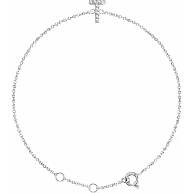 Delicate diamond initial letter T bracelet in solid 14K white gold chain
