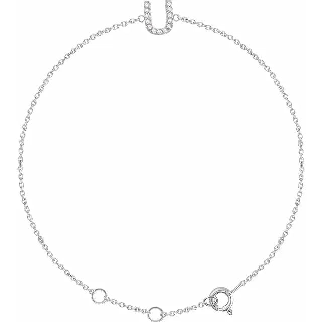 Delicate diamond initial letter U bracelet in solid 14K white gold chain