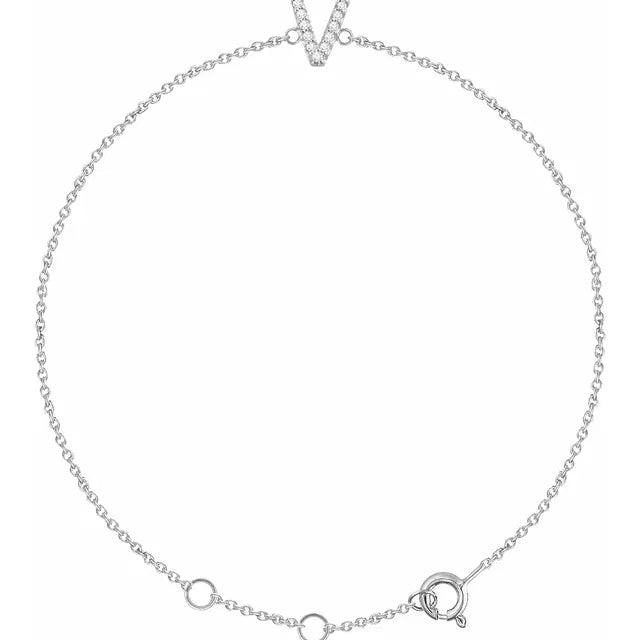Delicate diamond initial letter V bracelet in solid 14K white gold chain