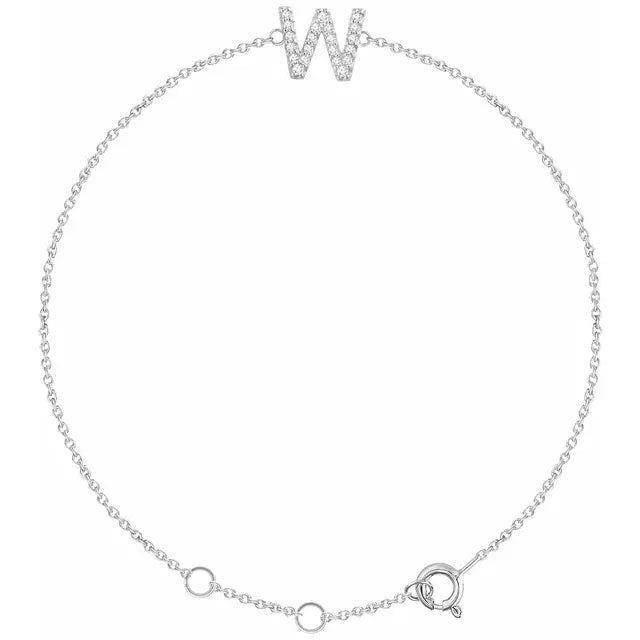 Delicate diamond initial letter W bracelet in solid 14K white gold chain