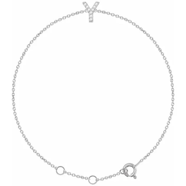 Delicate diamond initial letter Y bracelet in solid 14K white gold chain
