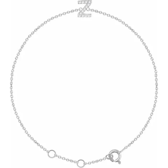 Delicate diamond initial letter Z bracelet in solid 14K white gold chain