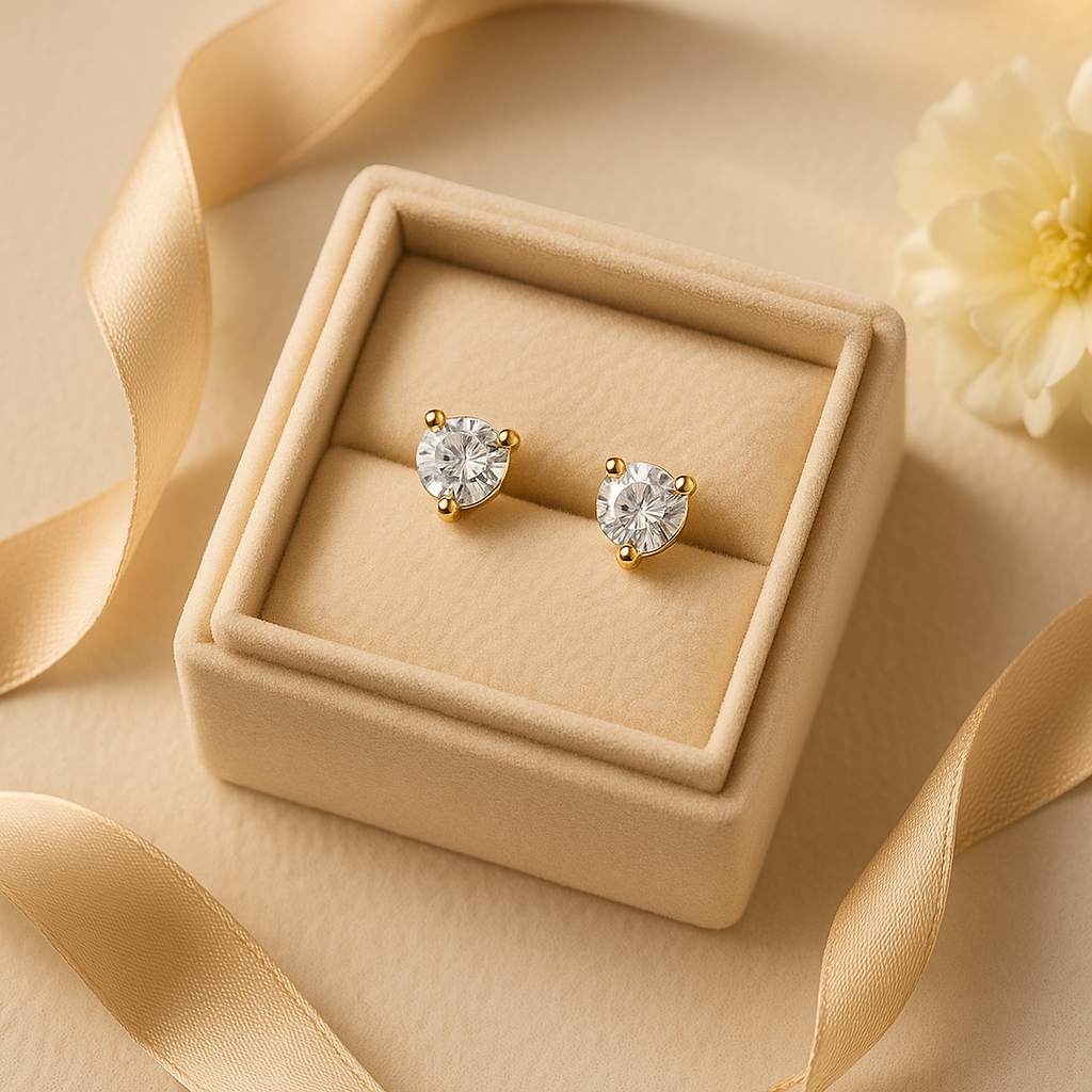 Round shaped diamond Stud earrings in a beige jewelry box with ribbons and a flower on a beige background