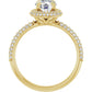 Double halo round diamond engagement ring with claw prongs and bead-set accent diamonds set in Yellow Gold showing Under Gallery 