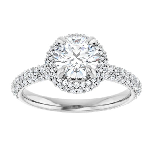 Double halo round diamond engagement ring with claw prongs and bead-set accent diamonds set in White gold