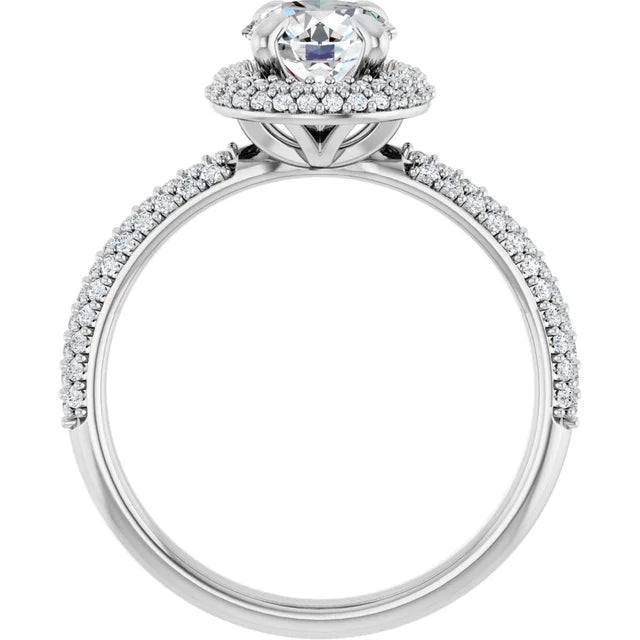 Double halo round diamond engagement ring with claw prongs and bead-set accent diamonds set in 14K White gold showing under gallery 