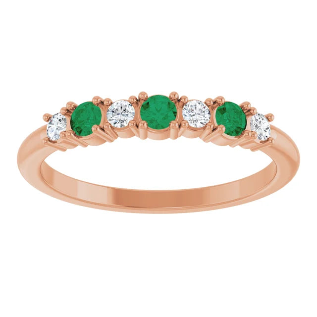 14K Gold 7-stone Natural Diamond & Natural Emerald Stackable Ring 14K Rose Gold