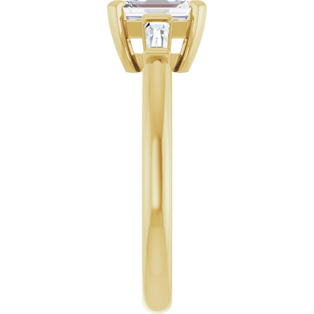 1 CT Emerald Cut and Tapered baguette Diamond Engagement Ring  Set in Yellow gold showing shank from the side