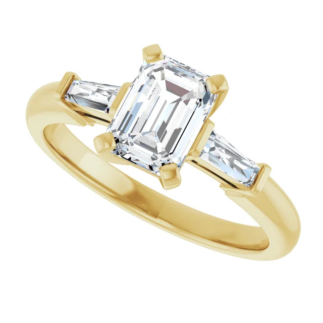 Sideway Picture for 1 CT Emerald Cut and Tapered baguette Diamond Engagement Ring  Set in Yellow Gold
