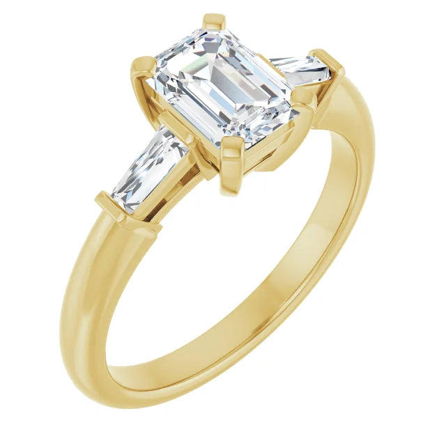 Side Picture for 1 CT Emerald Cut and Tapered baguette Diamond Engagement Ring  Set in Yellow Gold